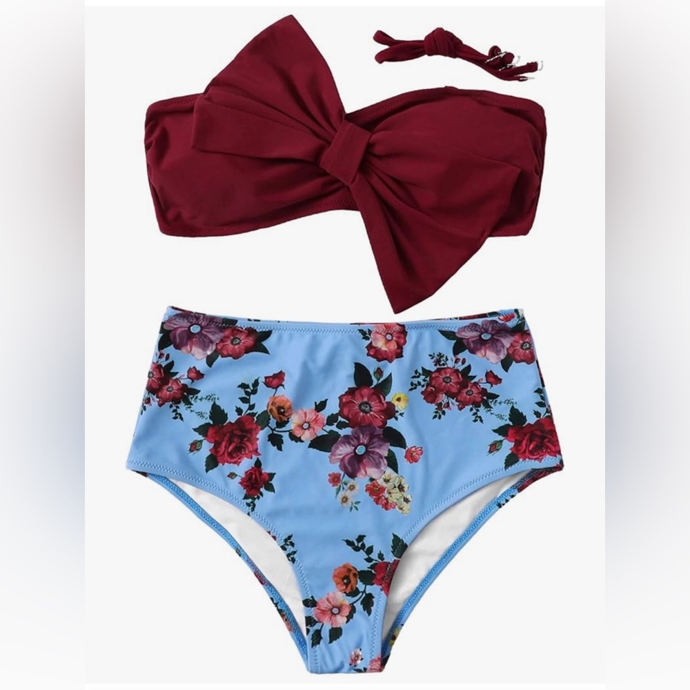 Floral high waist bottoms, burgundy strapless bow top, medium. Super cute